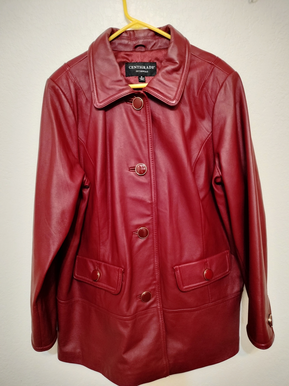 Women's Red Leather Button-Front Jacket